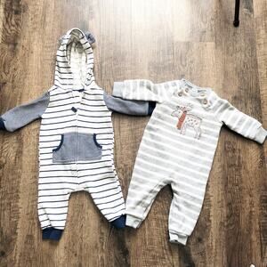 Carters Baby Boy 6M Long Sleeve Stripe Blue Gray Hooded Sleeper Outifts Lot of 2
